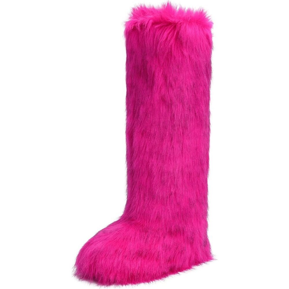 Women's Pink Knee-High Faux Fur Boots Warm, Fluffy, Stylish Winter Snow Boots